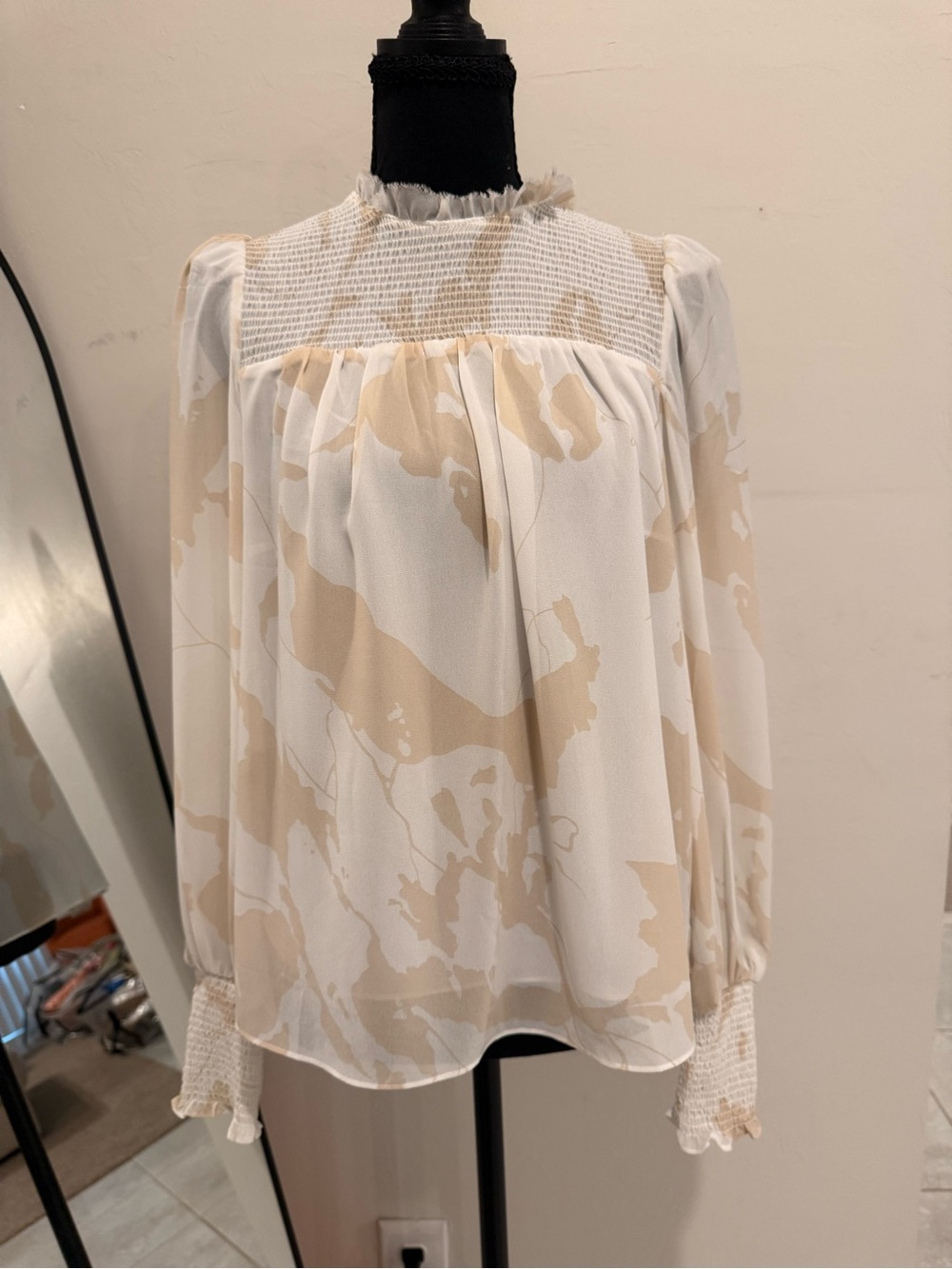 Elie Tahari Cream and White Smocked Yoke Long Sleeve Blouse